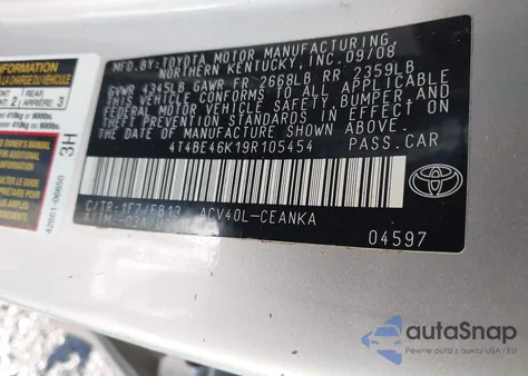 2009 Toyota Camry Le из США, поврежденный, VIN 4T4BE46K19R105454